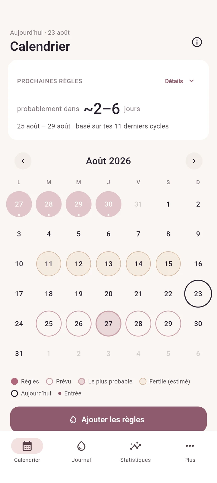 Vue calendrier de NolaCycle